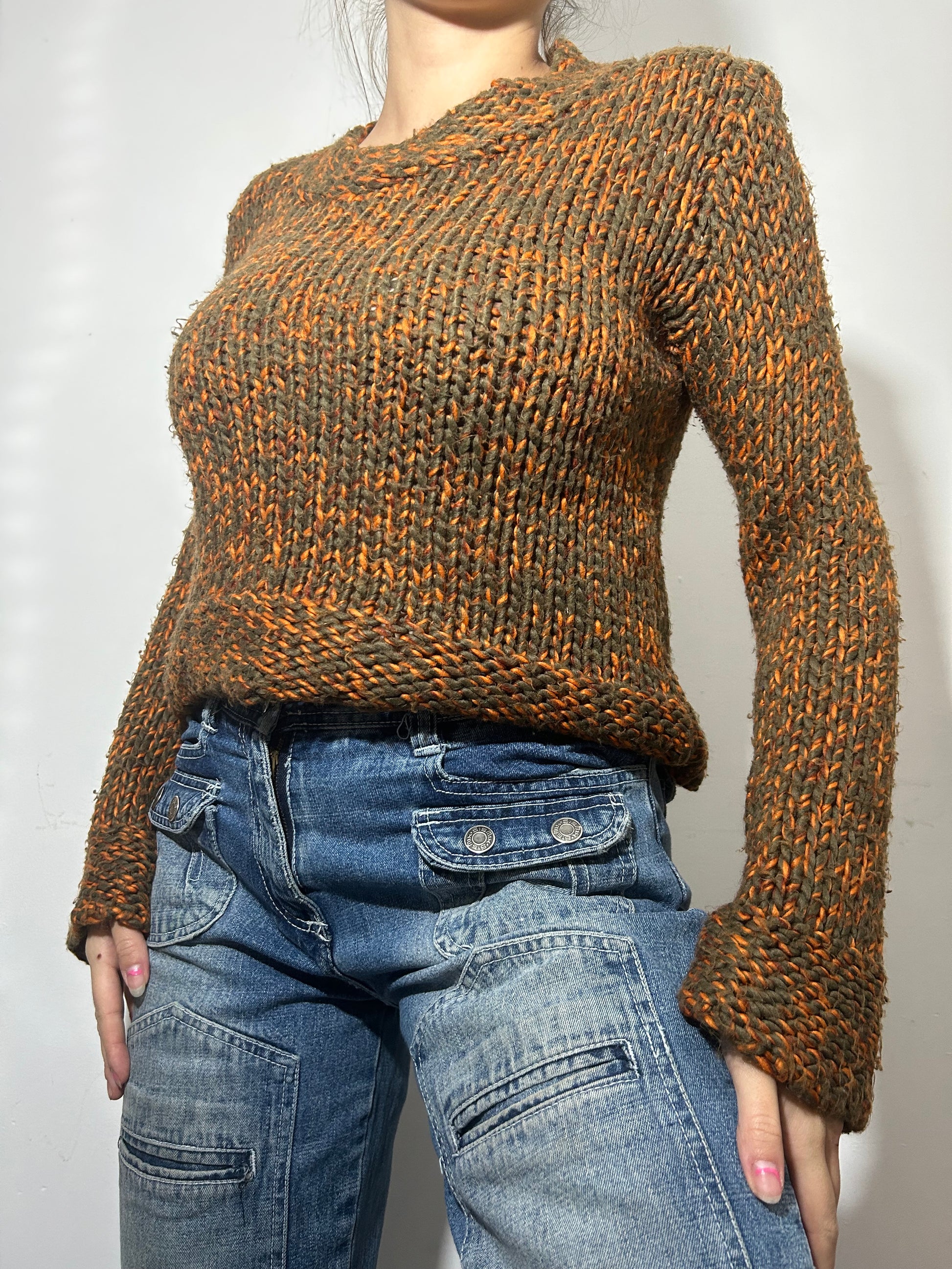 Orange & brown knitted y2k jumper (S/M)