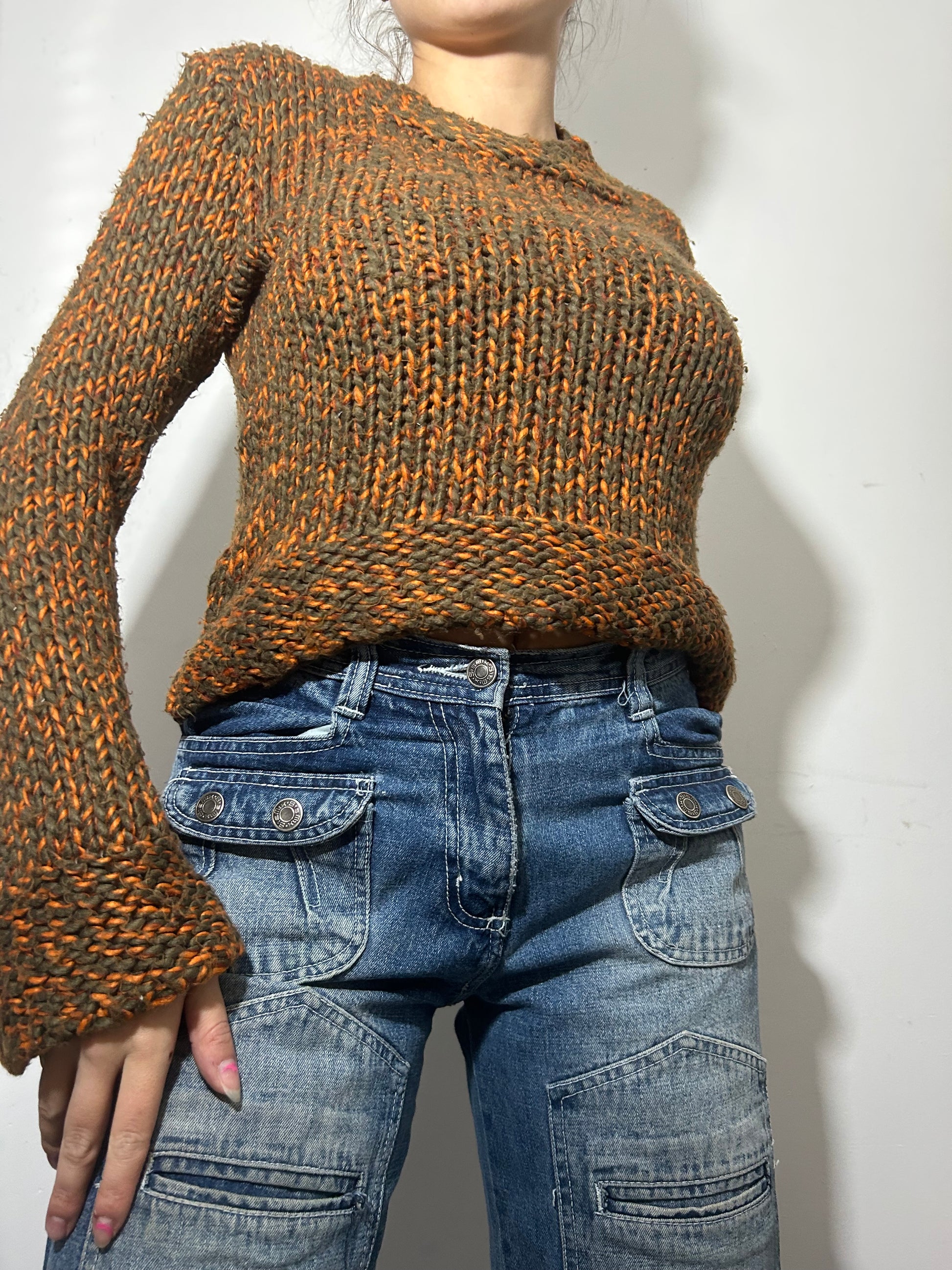 Orange & brown knitted y2k jumper (S/M)