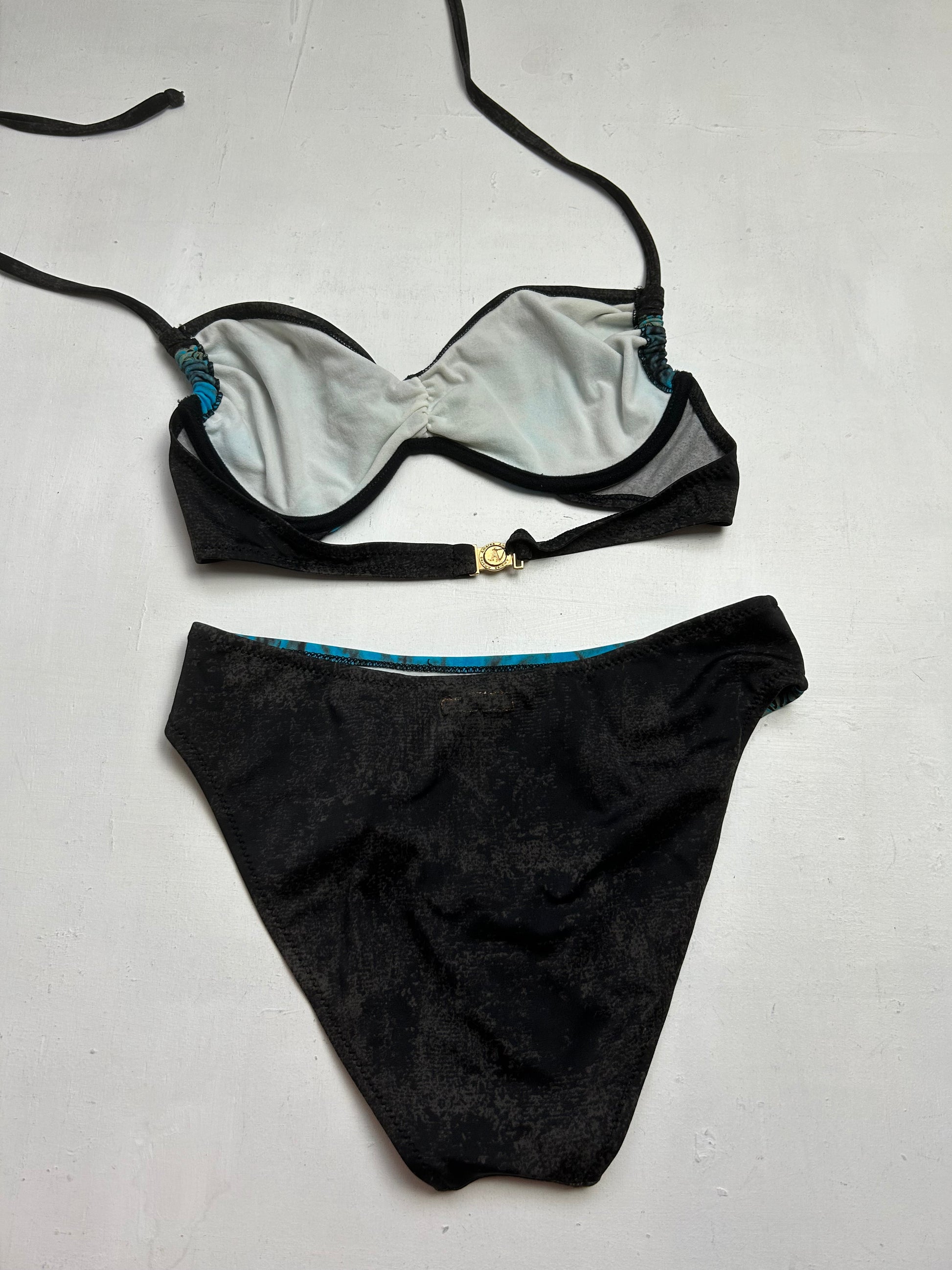 Brown & blue  mid rise adjustable y2k vintage bikini set (M)