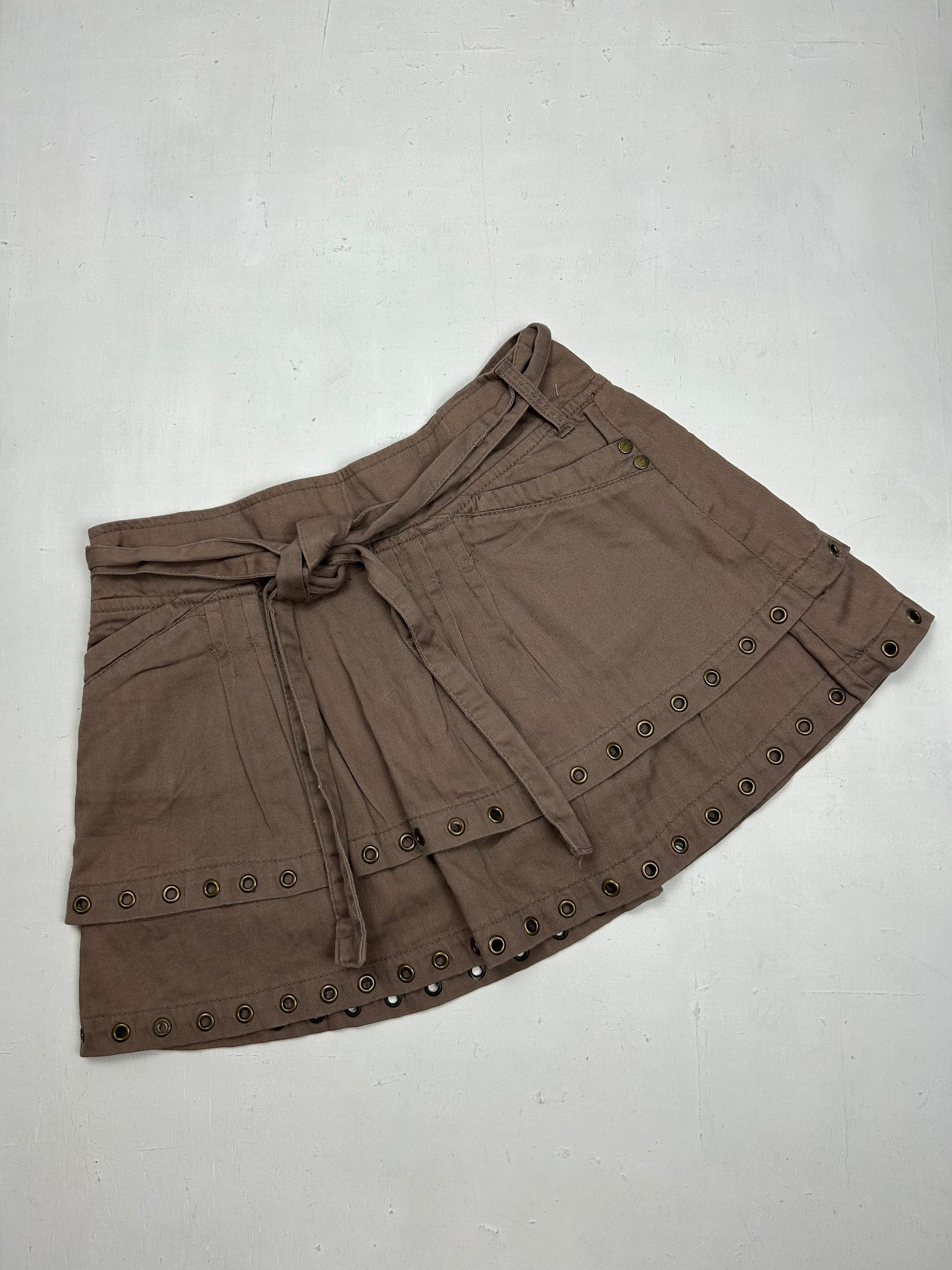 Camel brown denim low rise pleated mini skirt (S)