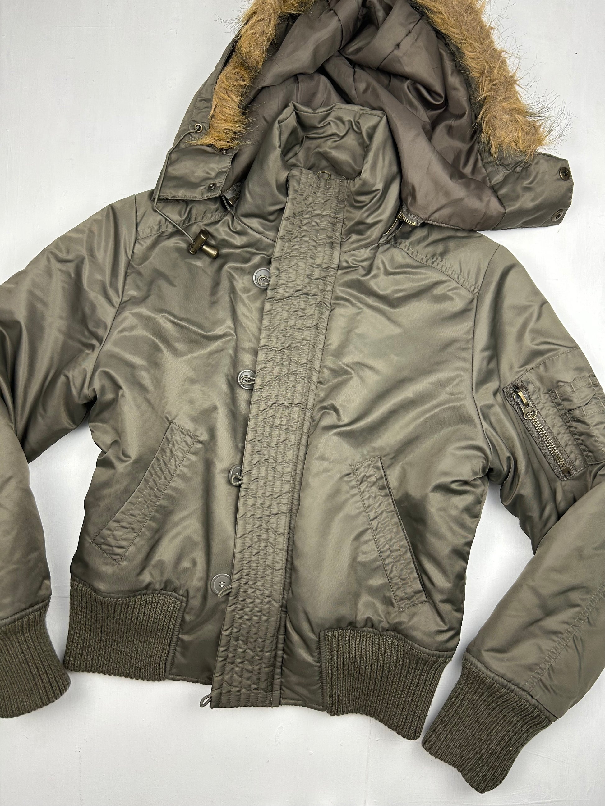 Khaki faux fur puffer jacket (S/M)