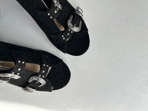 Silver buckles black velvet heels opened western boots (39)