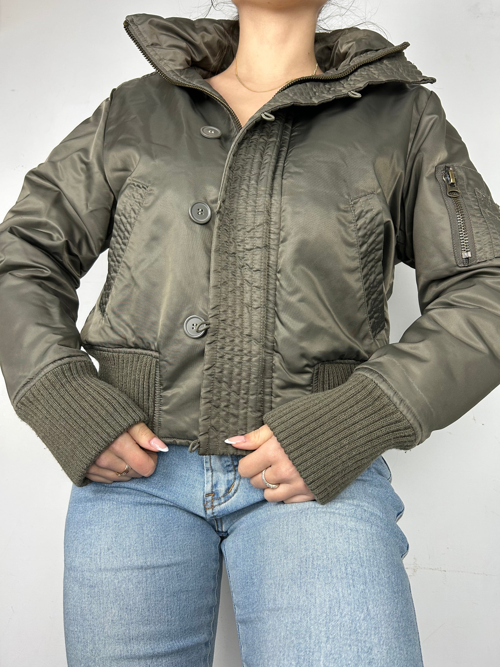 Khaki faux fur puffer jacket (S/M)