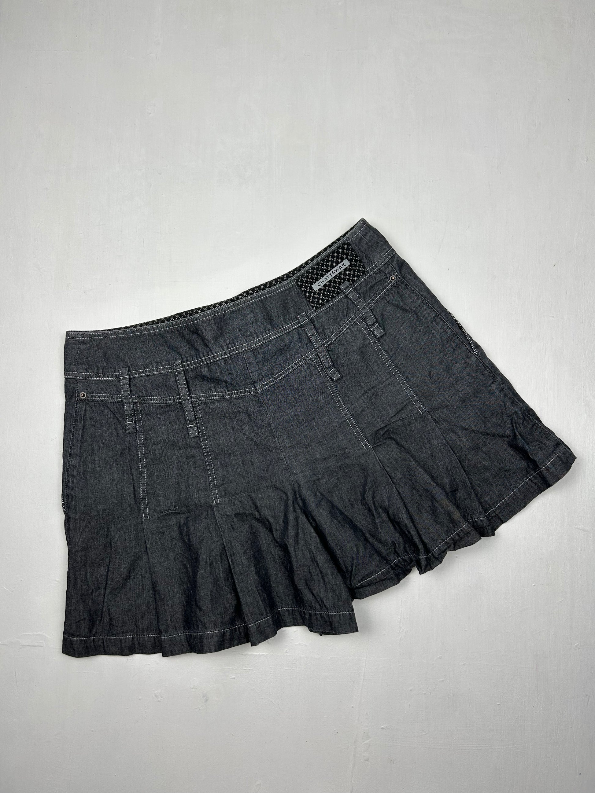 Grey denim pleated low rise mini skirt (S)