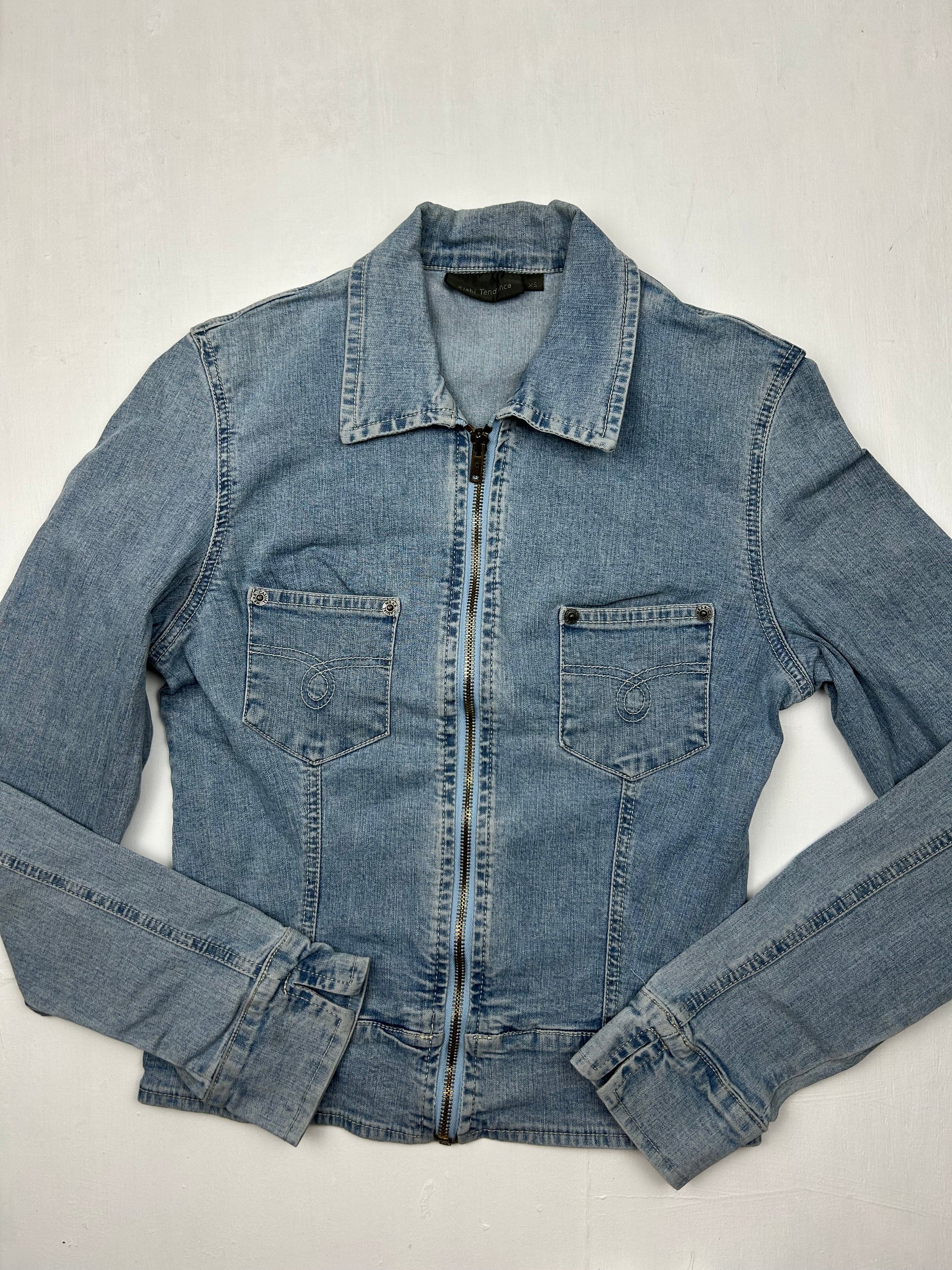 Blue denim zip up biker jacket (S)