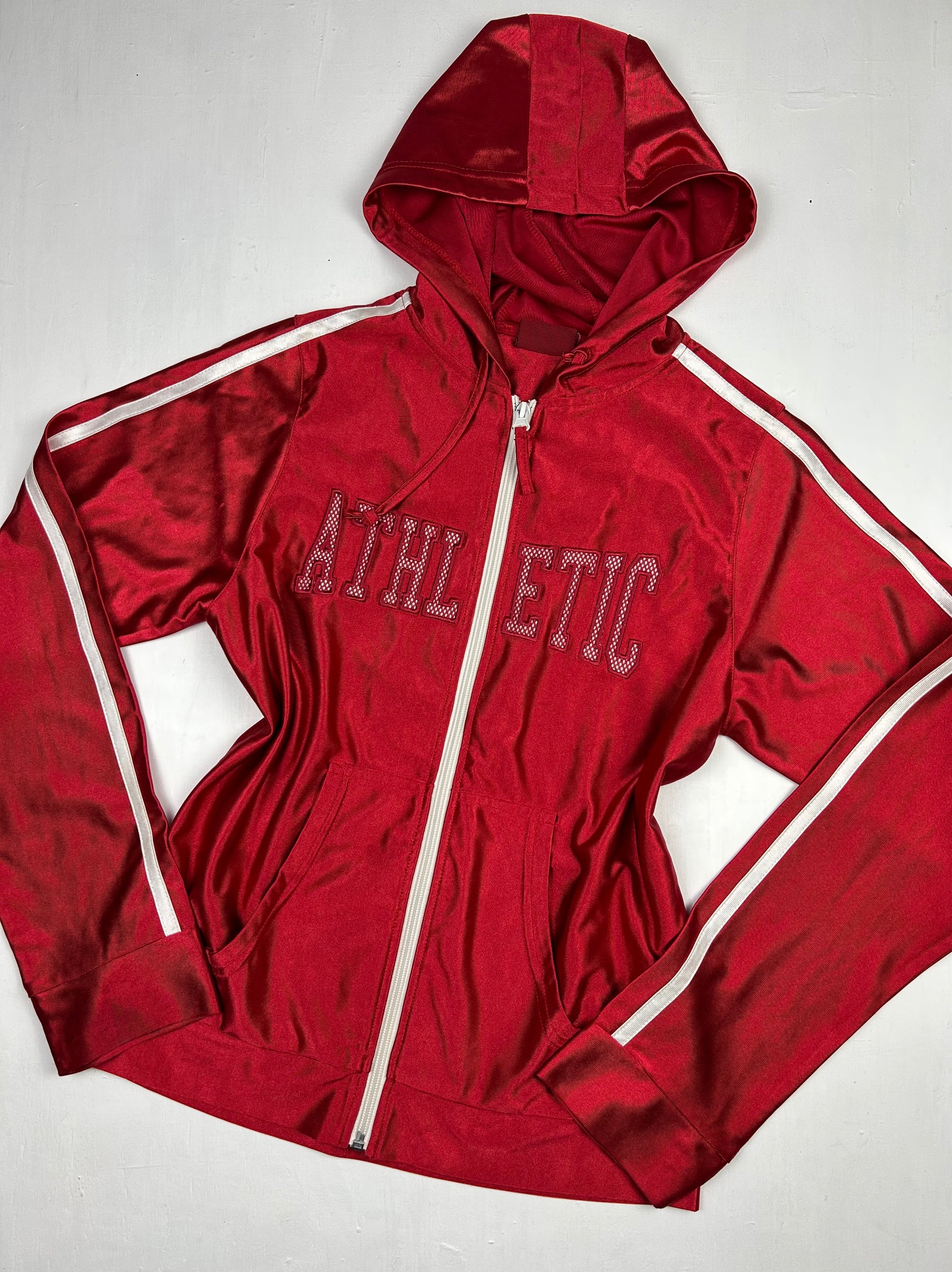 Red satin zip up hoodie (S/M)