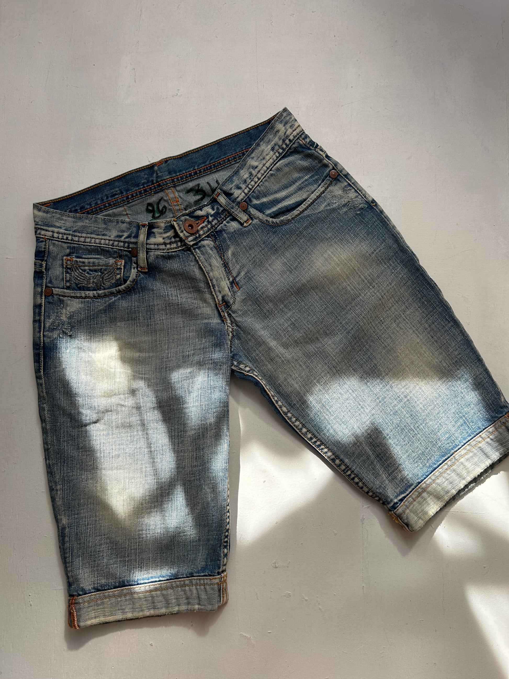 Blue low rise strass logo denim jorts (S)