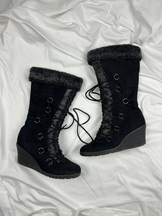 Black suede lace up platform heels knee high boots (38)