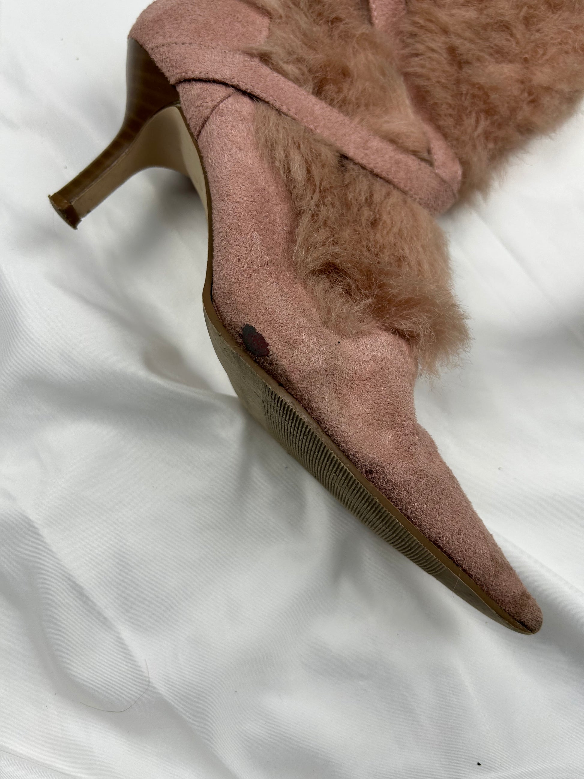 Baby pink haut fur kitten heels pointed toes boots (36)