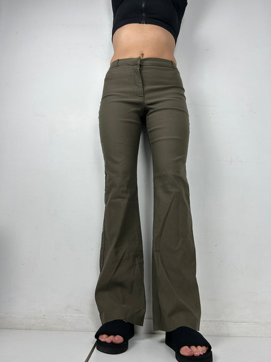 Khaki stretchy low rise flare office pants (S)