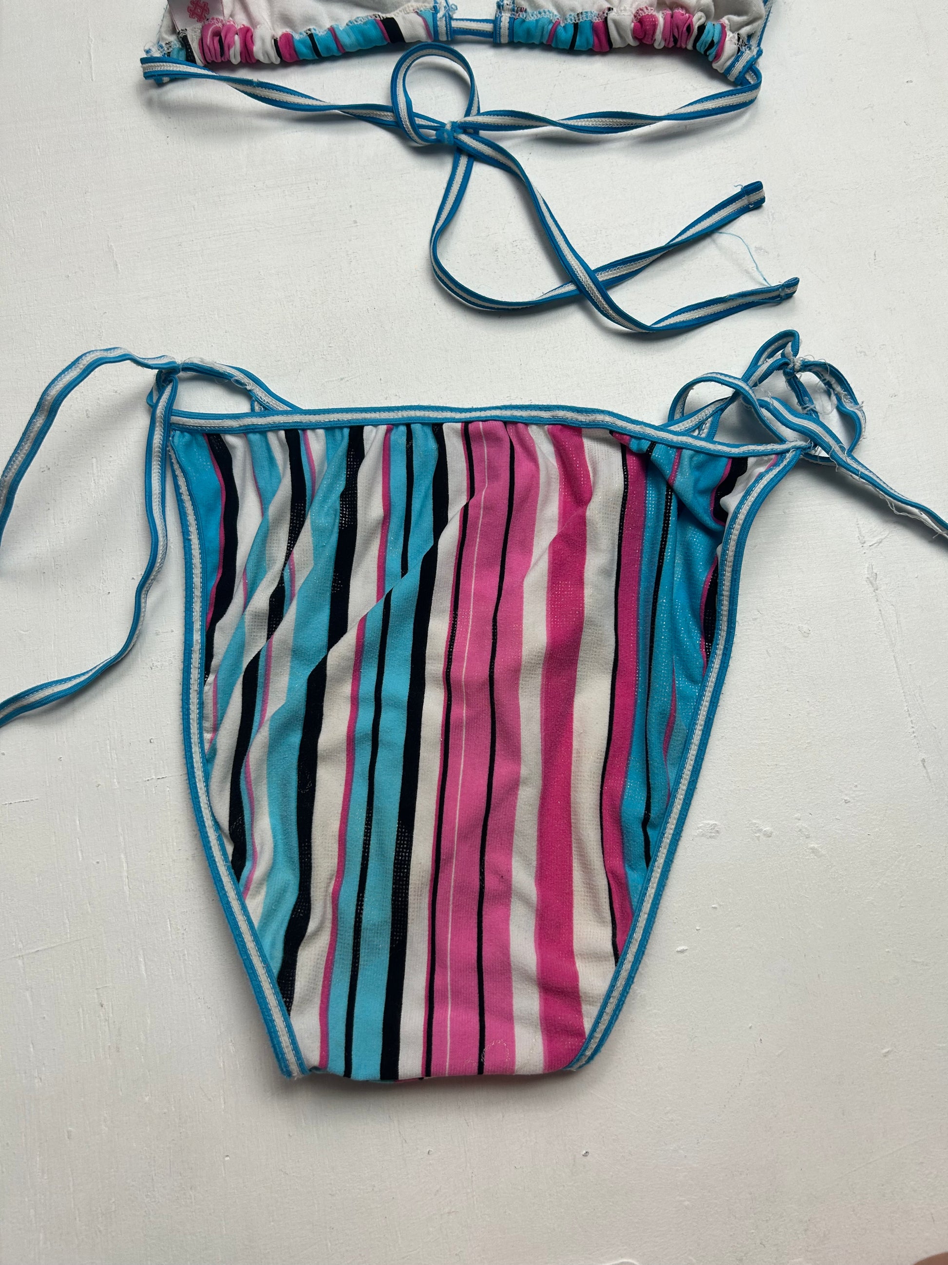 Blue & pink striped ajustable bikini set (M)