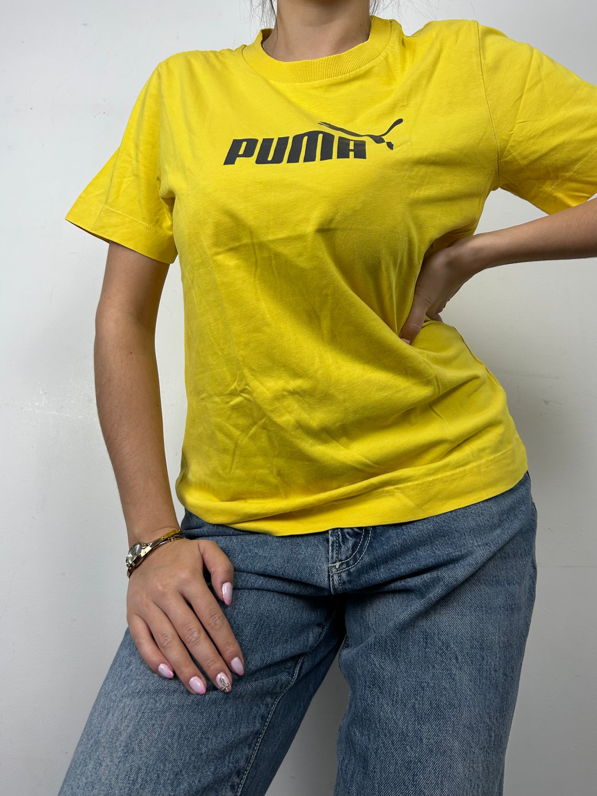 Yellow spell out logo tee (S/M)