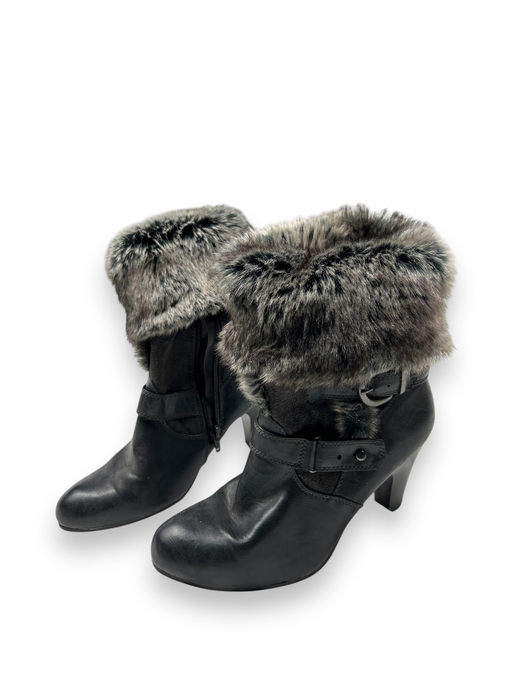 Black faux fur mid boots shoes (39)