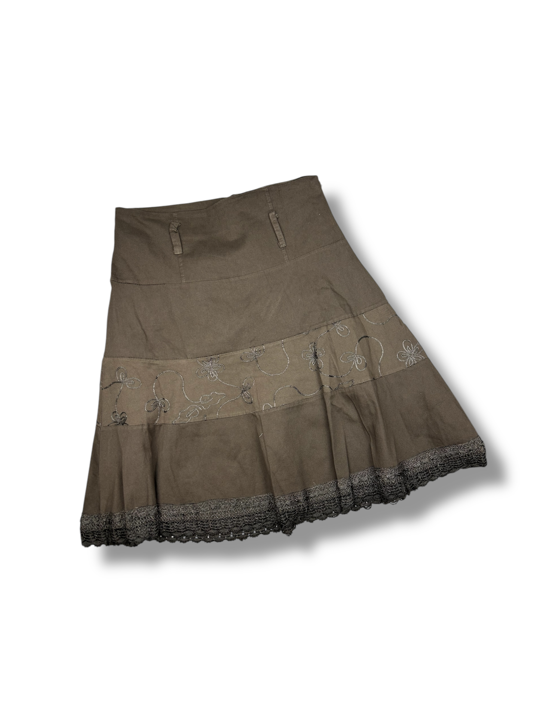 Brown cotton embroidered low rise mid skirt (M)