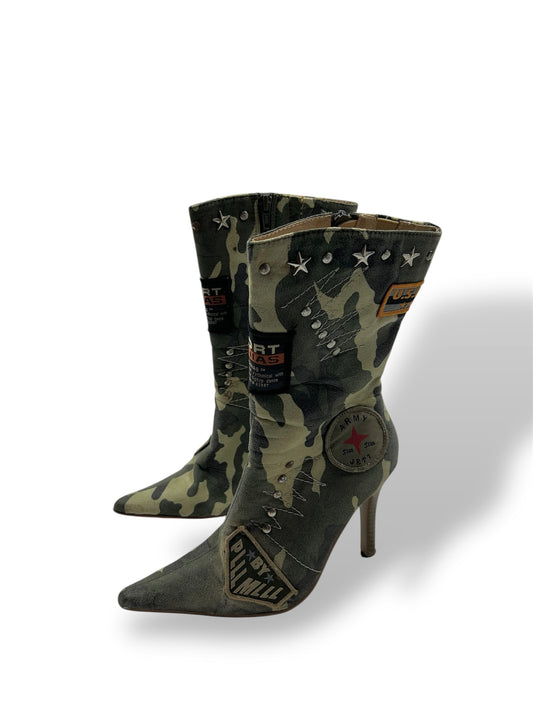 Khaki camo print pointed toes kitten heels boots (36)