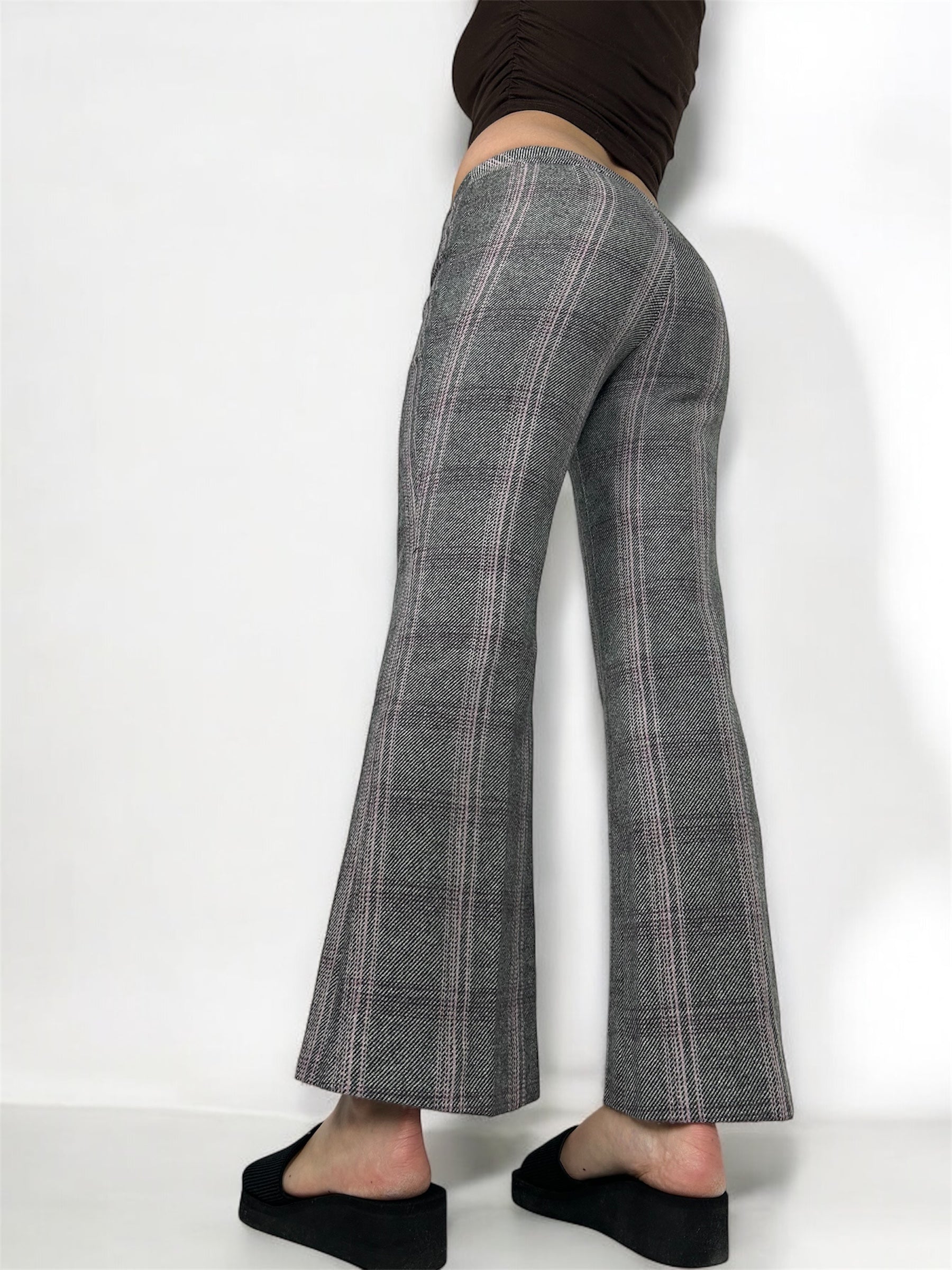 Grey & pink check print  low waist baggy office pants (S)